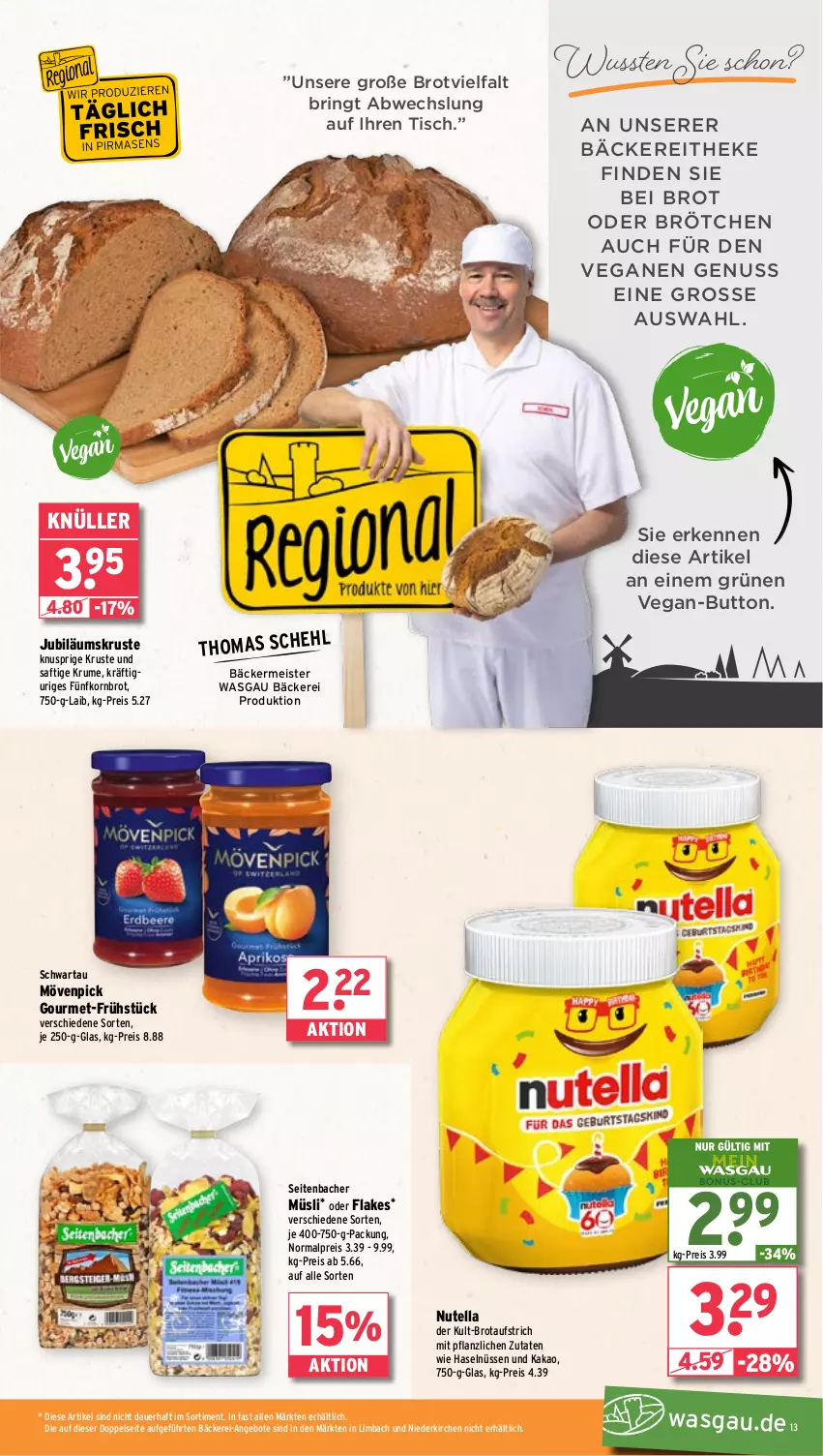 Aktueller Prospekt Wasgau - von 05.02 bis 10.02.2024 - strona 13 - produkty: angebot, angebote, auer, aufstrich, brot, brotaufstrich, brötchen, eis, flakes, Jubiläums, kakao, korn, Kornbrot, Meister, mövenpick, müsli, nuss, nutella, reis, ring, rum, saft, Schwartau, Ti, tisch