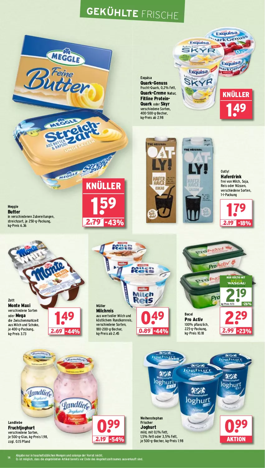 Aktueller Prospekt Wasgau - von 05.02 bis 10.02.2024 - strona 14 - produkty: angebot, becel, Becher, butter, creme, drink, eis, exquisa, fitline, frucht, fruchtjoghurt, hafer, Haferdrink, je 250-g-packung, joghur, joghurt, joghurt mild, korn, landliebe, meggle, milch, milchreis, monte, Müller, natur, ndk, nuss, quark, reis, schoko, Skyr, soja, Streichzart, Ti, weihenstephan, zott, Zott Monte