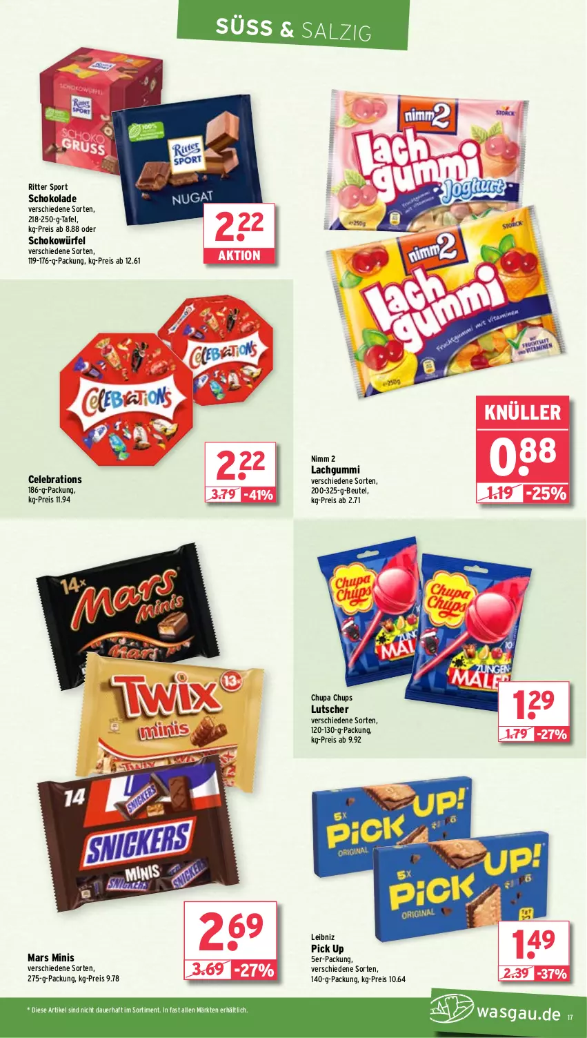 Aktueller Prospekt Wasgau - von 05.02 bis 10.02.2024 - strona 17 - produkty: auer, beutel, chupa, chupa chups, eis, lachgummi, leibniz, Lutscher, mars, Nimm 2, reis, ritter, ritter sport, salz, schoko, schokolade, schokowürfel, Sport, Ti, würfel