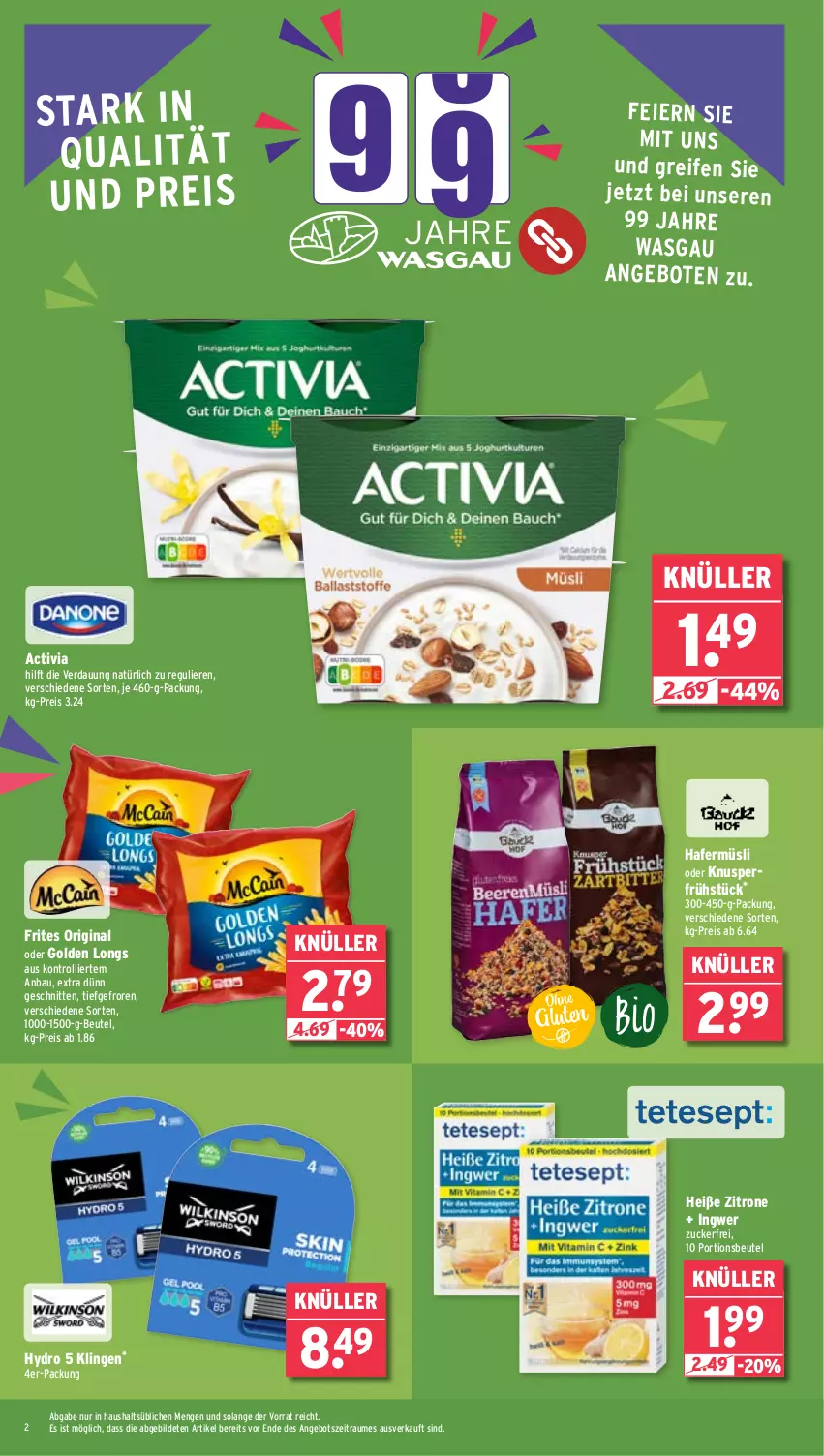 Aktueller Prospekt Wasgau - von 05.02 bis 10.02.2024 - strona 2 - produkty: activia, angebot, angebote, Bau, beutel, eier, eis, gin, Golden Longs, hafer, ingwer, müsli, portionsbeutel, reifen, reis, schnitten, Ti, trolli, zitrone, zucker