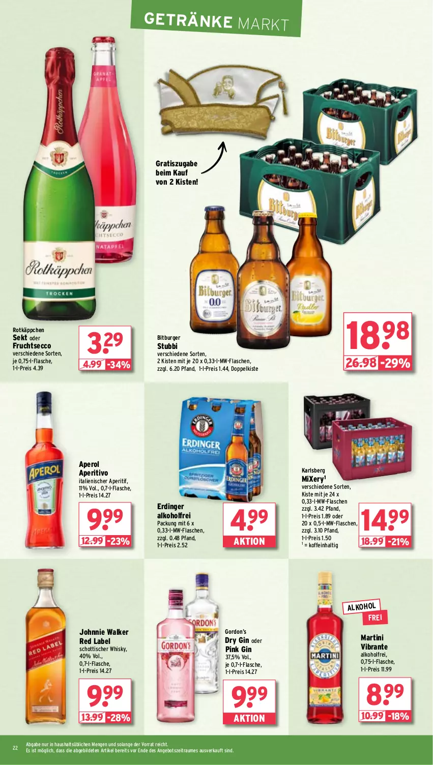 Aktueller Prospekt Wasgau - von 05.02 bis 10.02.2024 - strona 22 - produkty: alkohol, angebot, aperitif, aperol, bitburger, burger, dry gin, ecco, eis, erdinger, flasche, frucht, fruchtsecco, getränk, getränke, gin, gordon, Gordon’s, johnnie walker, karlsberg, karlsberg mixery, martini, Mixer, mixery, mw-flasche, reis, rotkäppchen, schott, sekt, Ti, tisch, whisky