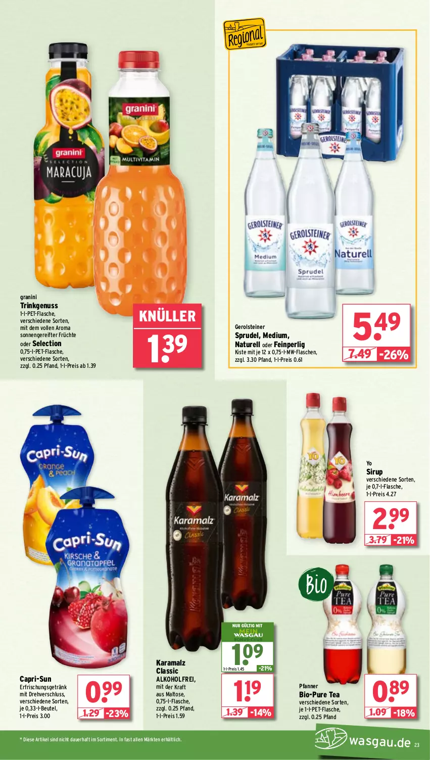 Aktueller Prospekt Wasgau - von 05.02 bis 10.02.2024 - strona 23 - produkty: alkohol, auer, beutel, bio, Cap, capri-sun, eis, erfrischungsgetränk, flasche, früchte, gerolsteine, gerolsteiner, getränk, granini, karamalz, kraft, malz, mw-flasche, natur, nuss, pet-flasche, pfanne, Pfanner, rama, reis, rel, sirup, Sprudel, steiner, Ti, Yo