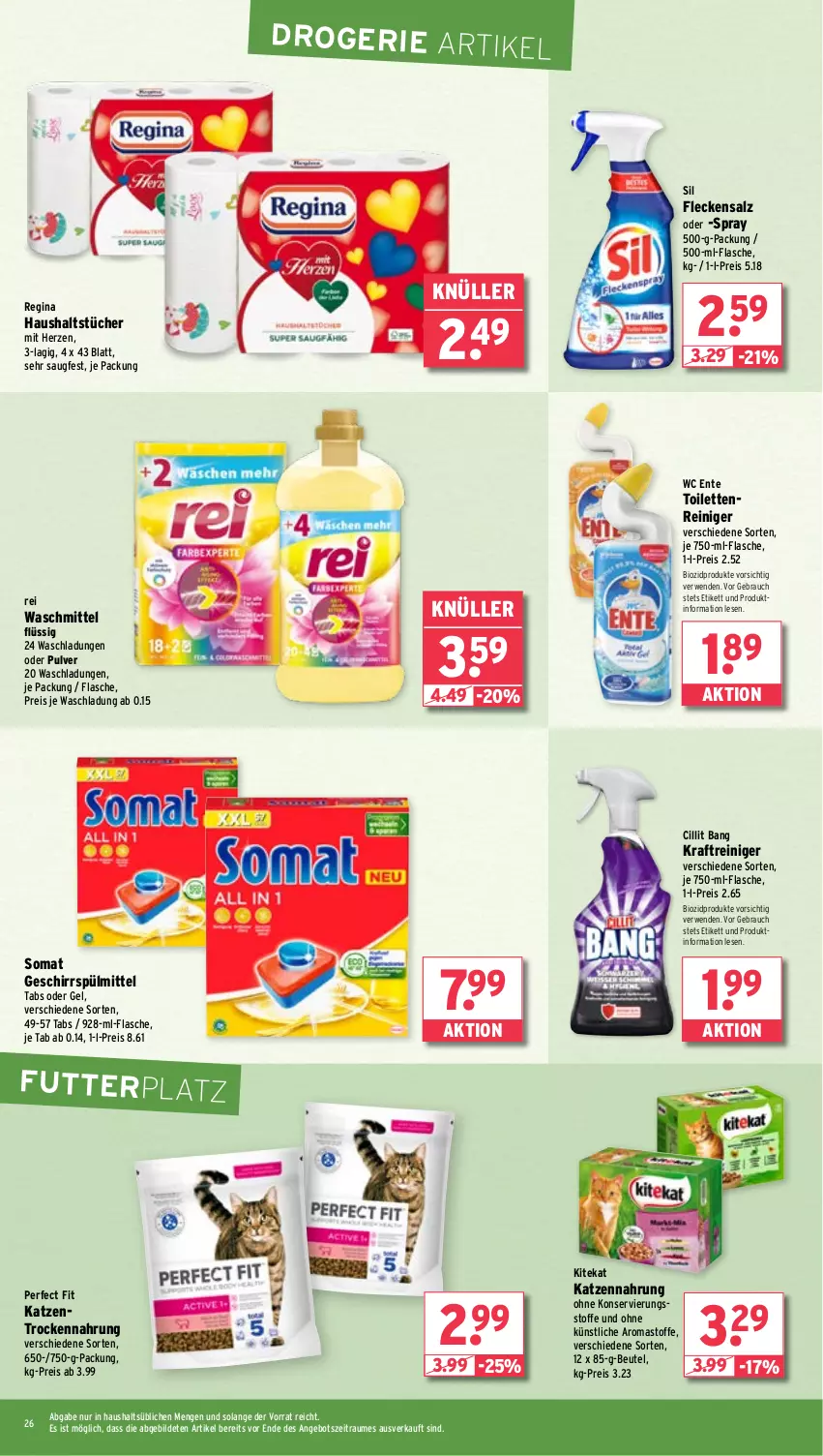 Aktueller Prospekt Wasgau - von 05.02 bis 10.02.2024 - strona 26 - produkty: angebot, beutel, bio, biozidprodukte, Cillit, cillit bang, eis, ente, flasche, geschirr, geschirrspülmittel, gin, haushaltstücher, katzennahrung, kitekat, kraft, Perfect Fit, Rauch, reiniger, reis, rwe, salz, somat, spülmittel, Ti, Trockennahrung, tücher, waschmittel, wc ente