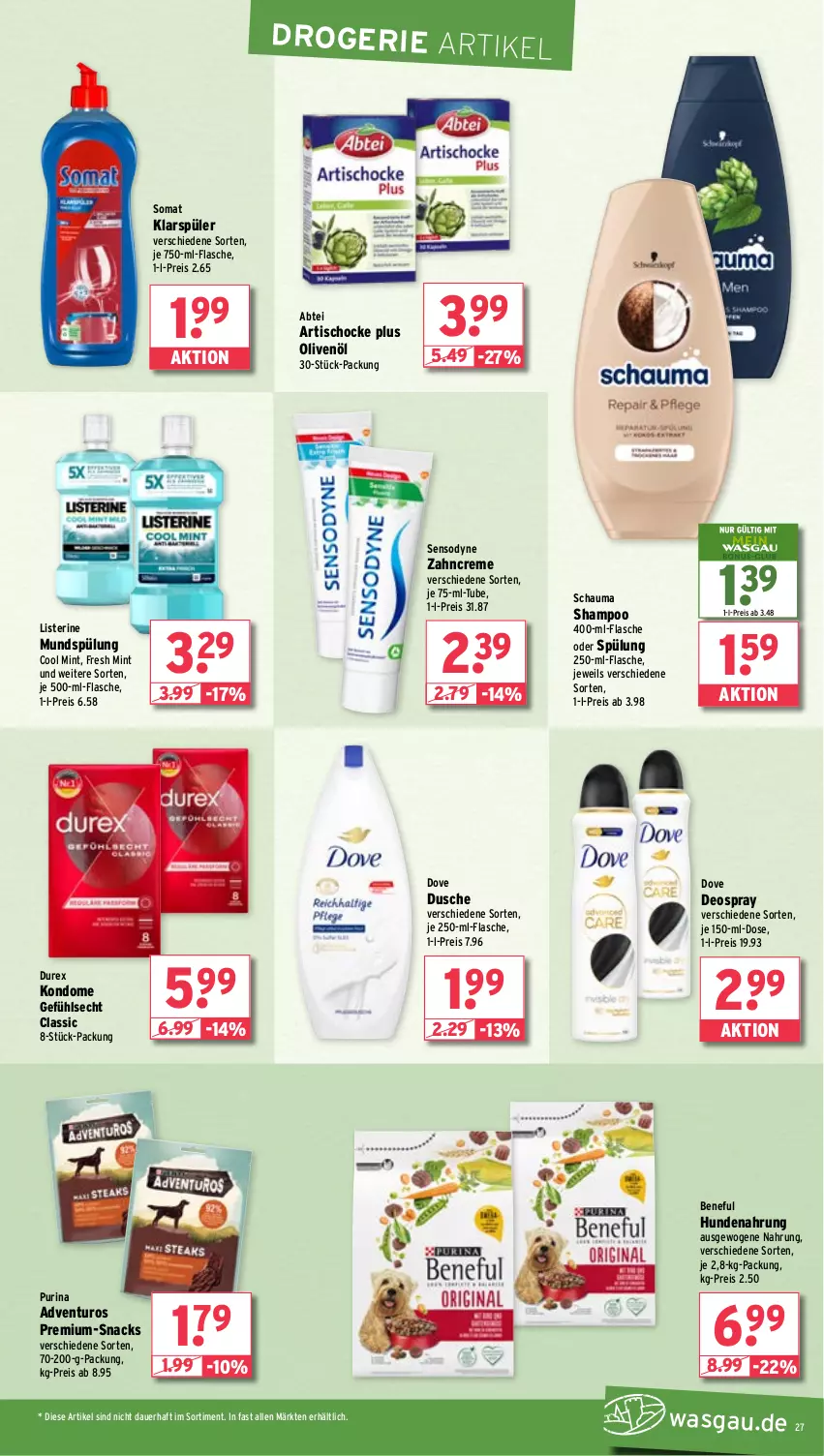 Aktueller Prospekt Wasgau - von 05.02 bis 10.02.2024 - strona 27 - produkty: Abtei, adventuros, auer, creme, deo, deospray, dove, Durex, dusche, eis, flasche, hundenahrung, je 500-ml-flasche, klarspüler, Kondome, listerine, mint, mundspülung, olive, oliven, olivenöl, purina, reis, schauma, schauma shampoo, sensodyne, shampoo, snack, snacks, somat, spülung, Ti, tisch, zahncreme