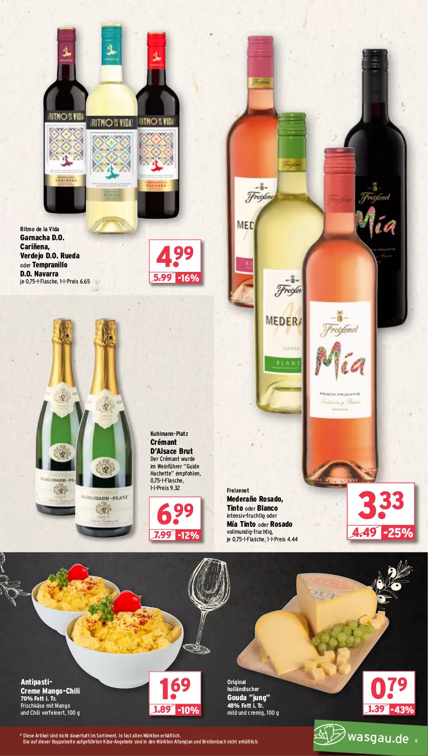 Aktueller Prospekt Wasgau - von 05.02 bis 10.02.2024 - strona 9 - produkty: angebot, angebote, antipasti, asti, auer, Brei, brut, chili, creme, eis, erde, flasche, freixenet, frischkäse, frucht, gin, gouda, Käse, mango, reis, sac, tempranillo, Ti, wein