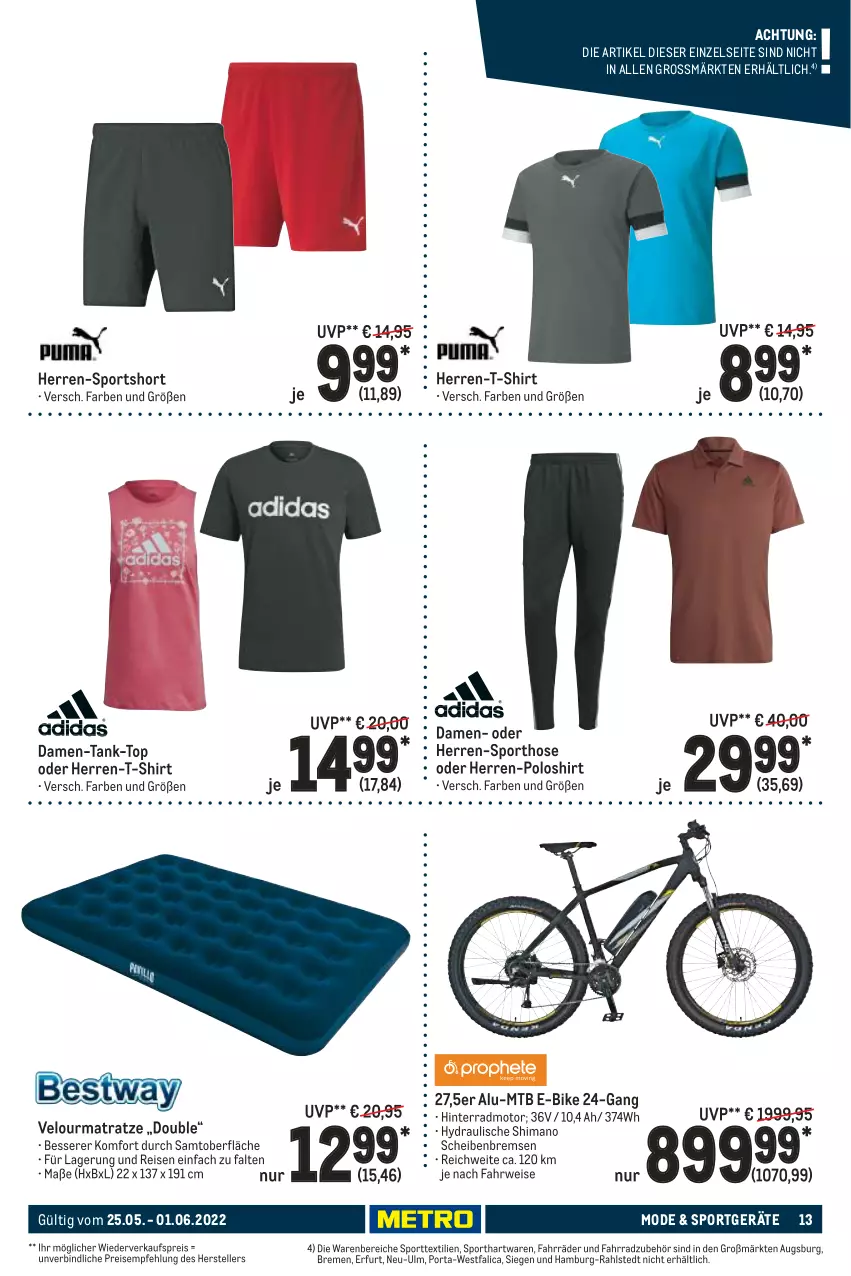 Aktueller Prospekt Metro - NonFood - von 25.05 bis 01.06.2022 - strona 13 - produkty: E-Bike, eis, elle, Fahrrad, herren-polo, herren-t-shirt, hose, matratze, Mode, poloshirt, reis, rwe, shimano, shirt, Sport, T-Shirt, teller, Ti