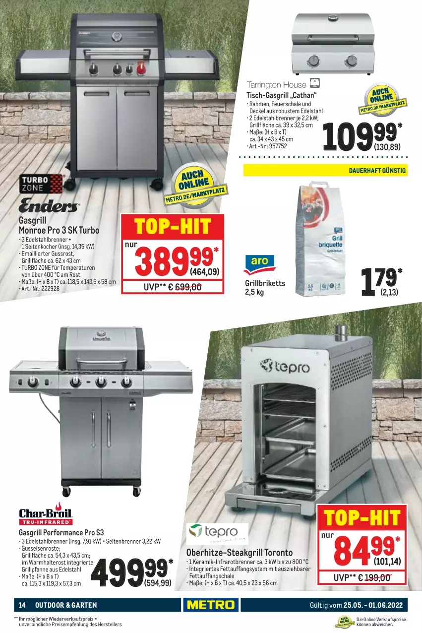 Aktueller Prospekt Metro - NonFood - von 25.05 bis 01.06.2022 - strona 14 - produkty: briketts, decke, Deckel, edelstahl, eis, elle, feuerschale, Garten, gasgrill, grill, grillbriketts, grillfläche, Grillpfanne, Kocher, pfanne, reis, Schal, Schale, steak, teller, Ti, tisch, top-hit