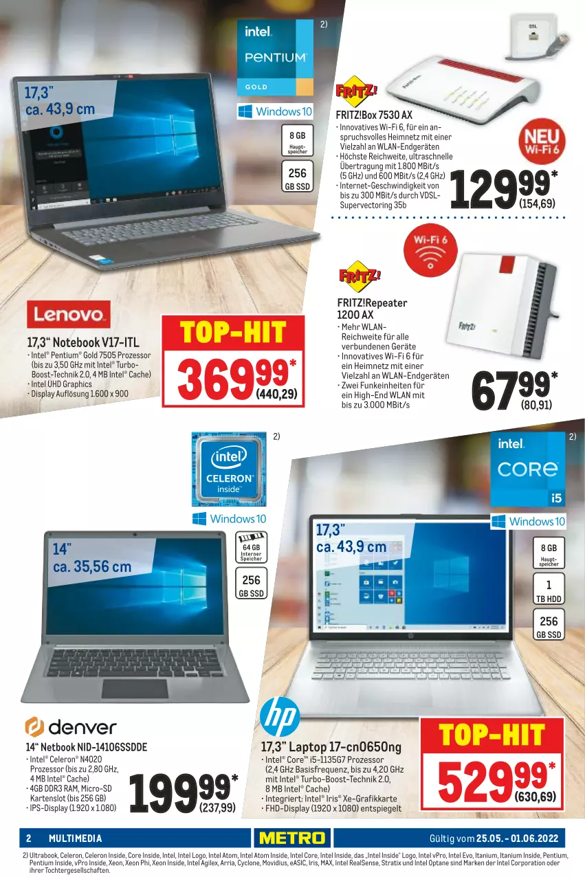 Aktueller Prospekt Metro - NonFood - von 25.05 bis 01.06.2022 - strona 2 - produkty: celeron, elle, fritz, HD Graphics, Intel, ips-display, Laptop, notebook, Pentium, Ria, ring, spiegel, ssd, Ti, top-hit, uhd