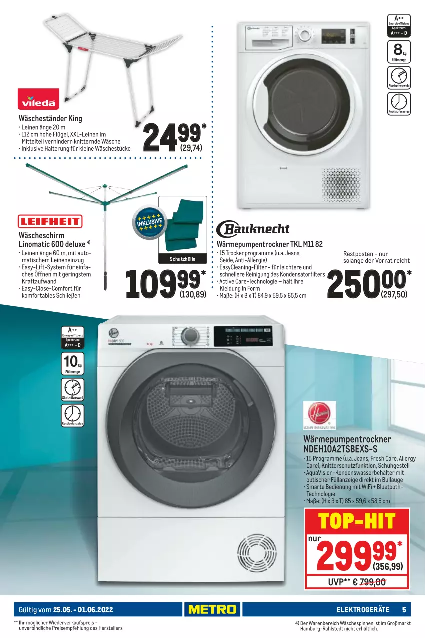 Aktueller Prospekt Metro - NonFood - von 25.05 bis 01.06.2022 - strona 5 - produkty: aqua, auto, Behälter, eis, Elektro, elektrogeräte, elle, jeans, kleid, Kleidung, kraft, leine, Reinigung, reis, ring, schutzhülle, teller, Ti, tisch, top-hit, Trockner, wärmepumpentrockner, wäscheschirm, wäschespinne, wasser