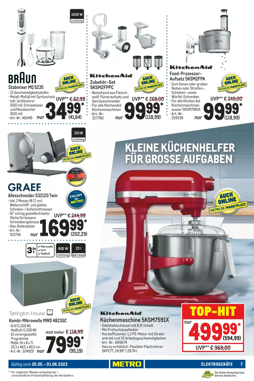 Aktueller Prospekt Metro - NonFood - von 25.05 bis 01.06.2022 - strona 7 - produkty: aufschnitt, Bodenplatte, edelstahl, eis, Elektro, elektrogeräte, elle, ente, fisch, fleisch, grill, KitchenAid, küche, Küchen, Küchenhelfer, küchenmaschine, latte, leine, messer, mikrowelle, Mixer, reifen, reis, schinken, Schneebesen, schüssel, Spritzschutz, stabmixer, teller, Ti, top-hit, und gemüse, würfel, Zerkleinerer