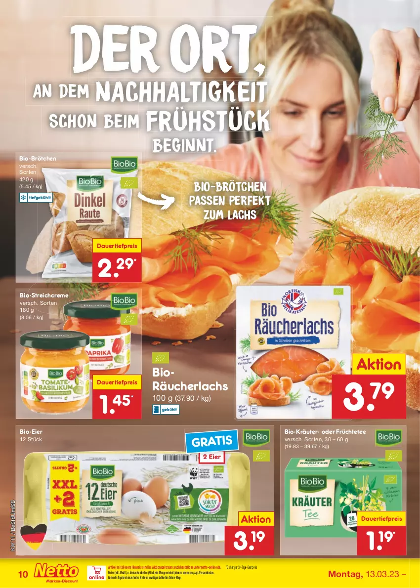 Aktueller Prospekt Netto Marken-Discount - Filial-Angebote - von 13.03 bis 18.03.2023 - strona 10 - produkty: auer, bestpreis, bio, brötchen, creme, dauertiefpreis, eier, eis, früchte, Früchtetee, gin, kräuter, lachs, ndk, Räucherlachs, reis, tee, Ti, tiefpreis