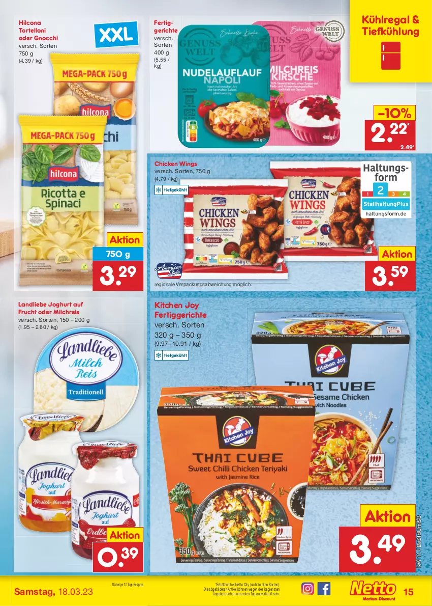 Aktueller Prospekt Netto Marken-Discount - Filial-Angebote - von 13.03 bis 18.03.2023 - strona 15 - produkty: angebot, bestpreis, chicken wings, eis, fertiggericht, fertiggerichte, frucht, gnocchi, hilcona, joghur, joghurt, kühlregal, landliebe, landliebe joghurt, milch, milchreis, regal, reis, Ti, torte, tortelloni, ZTE