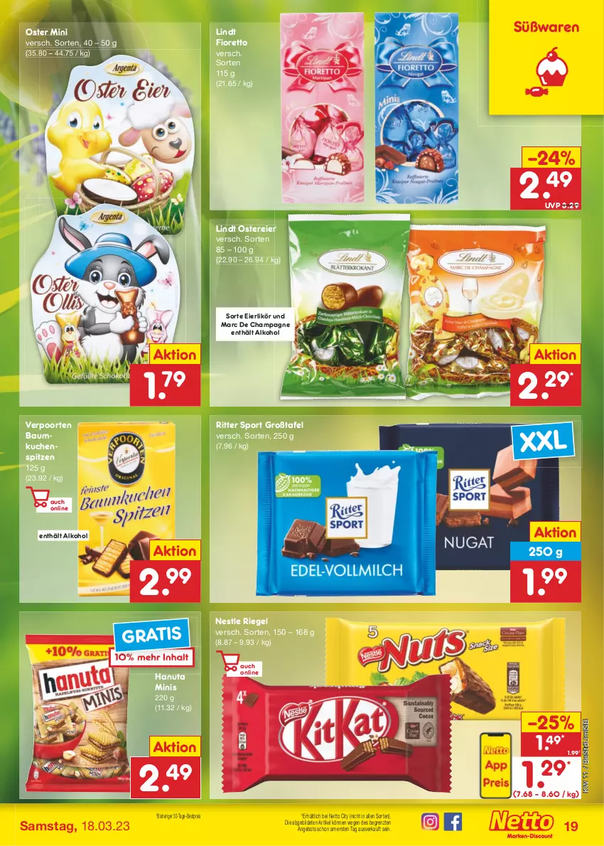 Aktueller Prospekt Netto Marken-Discount - Filial-Angebote - von 13.03 bis 18.03.2023 - strona 19 - produkty: alkohol, angebot, Bau, bestpreis, champagne, eier, eierlikör, eis, hanuta, kuchen, likör, lindt, reis, riegel, ritter, ritter sport, Sport, Ti, verpoorten, ZTE