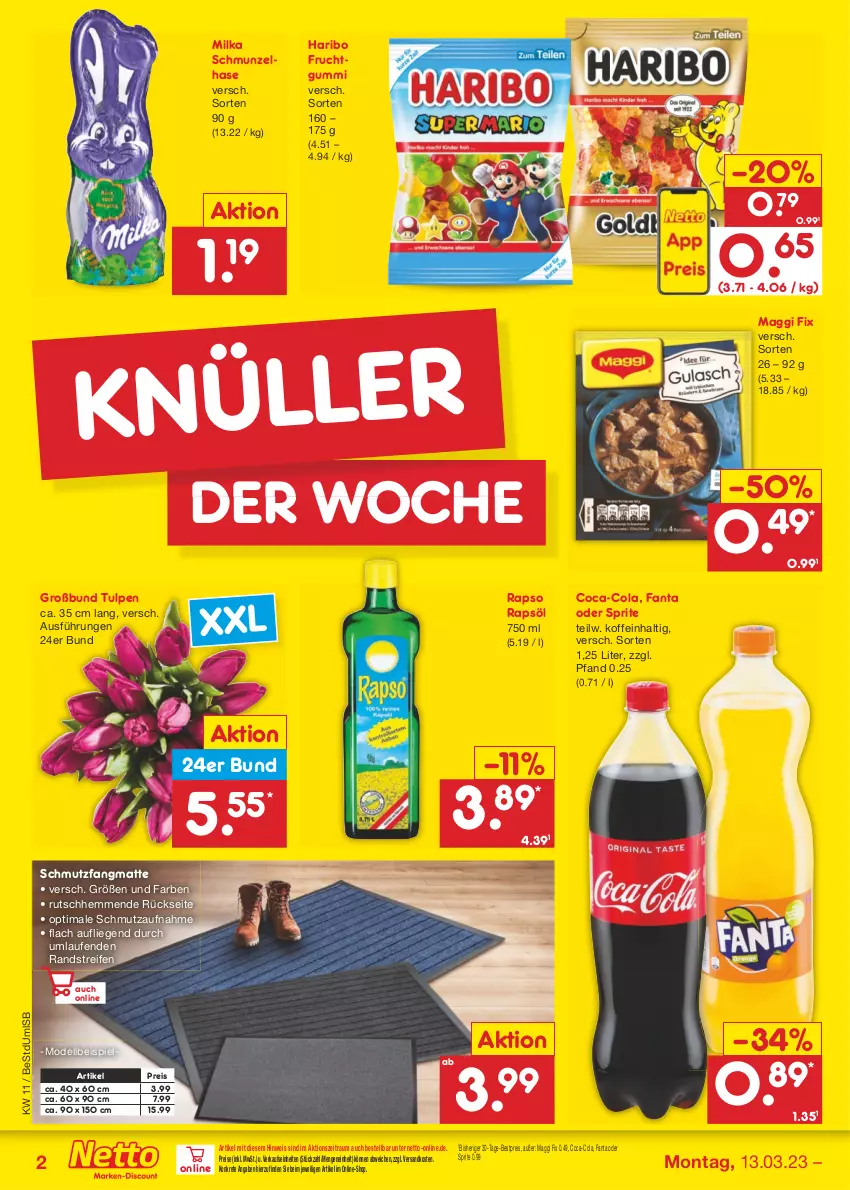 Aktueller Prospekt Netto Marken-Discount - Filial-Angebote - von 13.03 bis 18.03.2023 - strona 2 - produkty: bestpreis, coca-cola, cola, dell, eis, fanta, fanta oder, fanta oder sprite, frucht, fruchtgummi, haribo, Laufen, Liege, maggi, maggi fix, milka, Mode, ndk, oder sprite, rapso, rapsöl, reifen, reis, schmutzfangmatte, sprite, Ti