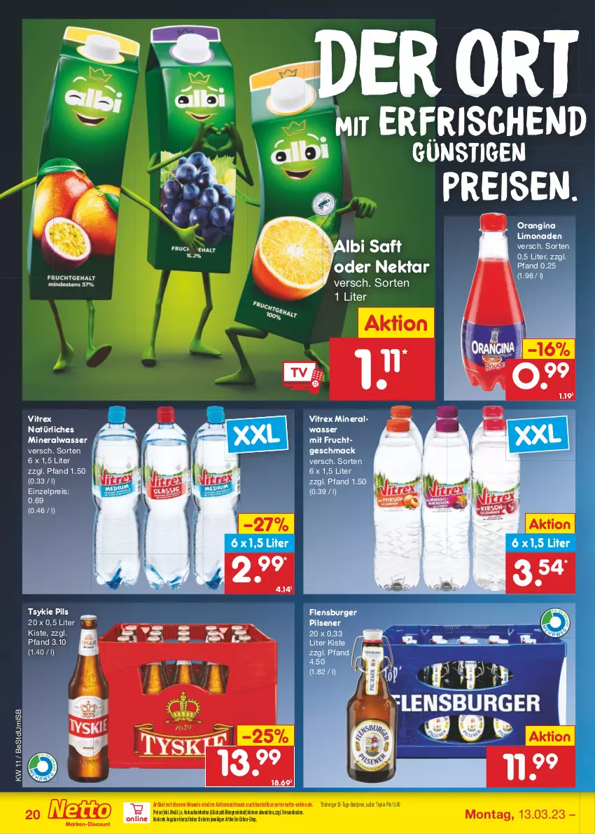 Aktueller Prospekt Netto Marken-Discount - Filial-Angebote - von 13.03 bis 18.03.2023 - strona 20 - produkty: Alwa, bestpreis, burger, eis, flensburger, frucht, gin, limo, limonade, limonaden, mac, mineralwasser, mit frucht, natürliches mineralwasser, ndk, Nektar, orangina, pils, pilsener, reis, saft, Ti, vitrex, wasser