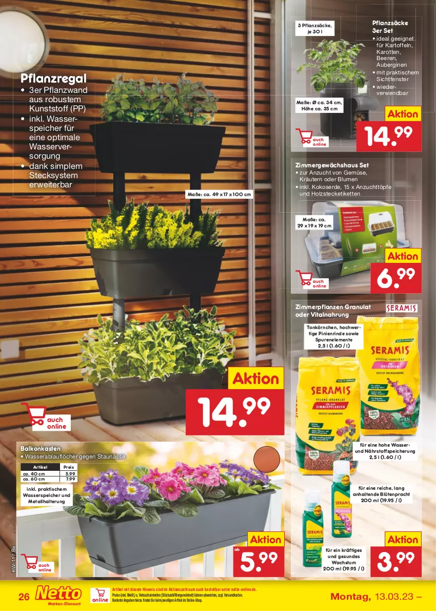 Aktueller Prospekt Netto Marken-Discount - Filial-Angebote - von 13.03 bis 18.03.2023 - strona 26 - produkty: aubergine, auberginen, beere, beeren, blume, blumen, Blüte, eis, ente, erde, fenster, Garten, Gewächshaus, gin, Holz, karotten, kartoffel, kartoffeln, Kette, kokos, kräuter, kräutern, ndk, pflanze, pflanzen, regal, reis, rind, rwe, sim, Ti, tisch, vita, wasser