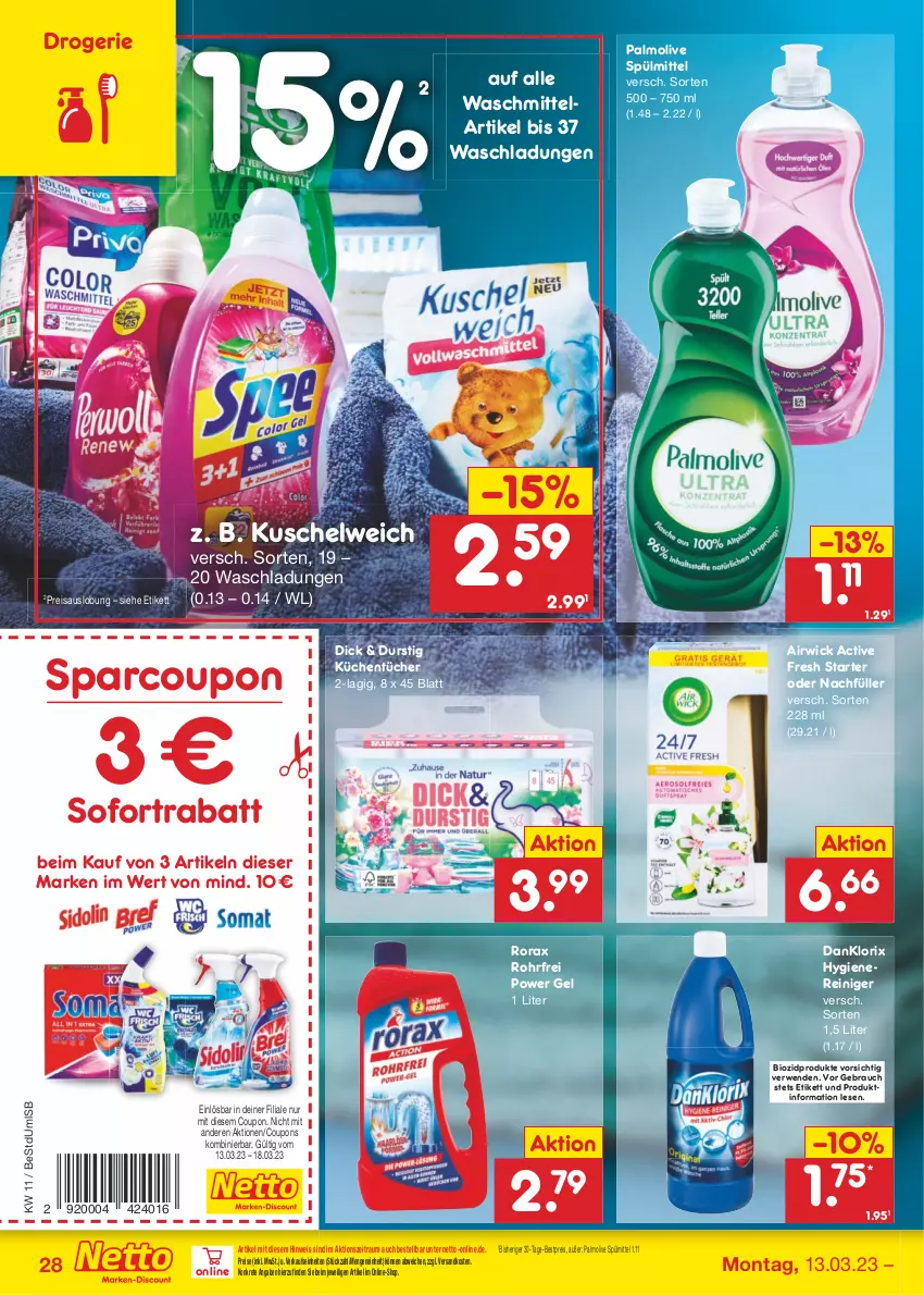 Aktueller Prospekt Netto Marken-Discount - Filial-Angebote - von 13.03 bis 18.03.2023 - strona 28 - produkty: airwick, bestpreis, bio, biozidprodukte, coupon, coupons, danklorix, eis, küche, Küchen, küchentücher, Kuschelweich, ndk, olive, palmolive, Rauch, reiniger, reis, rorax, rwe, sofortrabatt, spülmittel, Ti, tücher, waschmittel, WICK