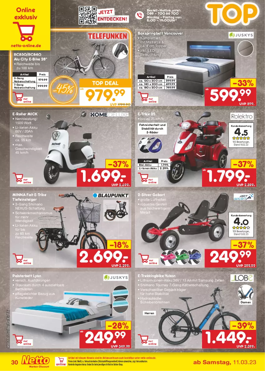 Aktueller Prospekt Netto Marken-Discount - Filial-Angebote - von 13.03 bis 18.03.2023 - strona 30 - produkty: akku, beleuchtung, bett, boxspringbett, decke, E-Bike, E-Roller, eis, elle, Kette, matratze, ndk, nexus, polsterbett, reifen, reis, ring, Roller, Samsung, Schal, shimano, Ti, topper, uhr, Yo