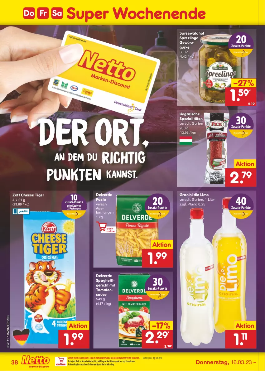 Aktueller Prospekt Netto Marken-Discount - Filial-Angebote - von 13.03 bis 18.03.2023 - strona 38 - produkty: bestpreis, deutschlandcard, eis, erde, gewürz, Gewürzgurke, granini, granini die limo, gurke, limo, ndk, pasta, reis, sauce, spaghetti, Spezi, spreewaldhof, Ti, tomate, tomaten, tomatensauce, zott