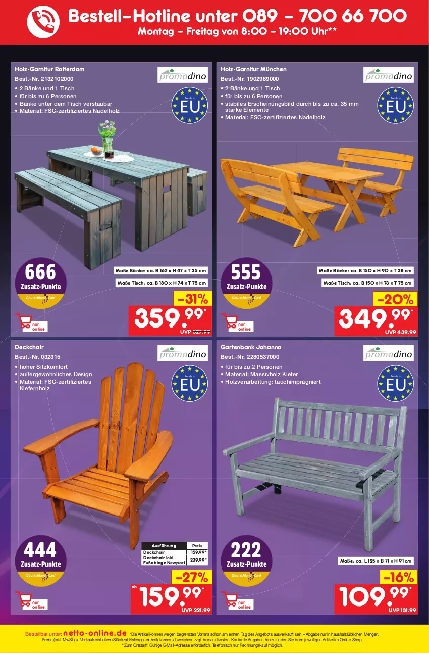 Aktueller Prospekt Netto Marken-Discount - Filial-Angebote - von 13.03 bis 18.03.2023 - strona 47 - produkty: angebot, Bank, eis, ente, garnitur, Garten, gartenbank, Holz, massivholz, ndk, reis, Ria, telefon, Ti, tisch, uhr, ZTE