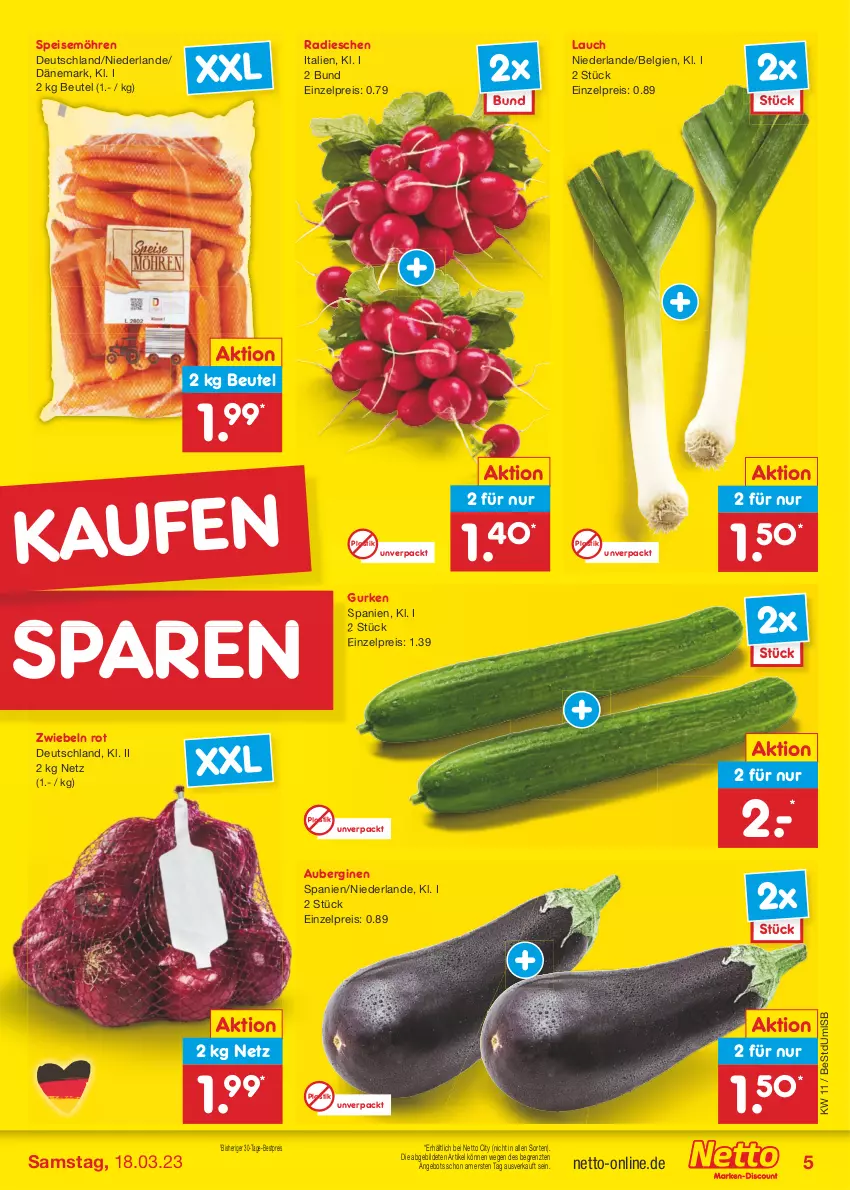 Aktueller Prospekt Netto Marken-Discount - Filial-Angebote - von 13.03 bis 18.03.2023 - strona 5 - produkty: angebot, asti, aubergine, auberginen, bestpreis, beutel, eis, gin, gurke, gurken, LG, möhren, radieschen, reis, speisemöhren, Ti, ZTE, zwiebel, zwiebeln