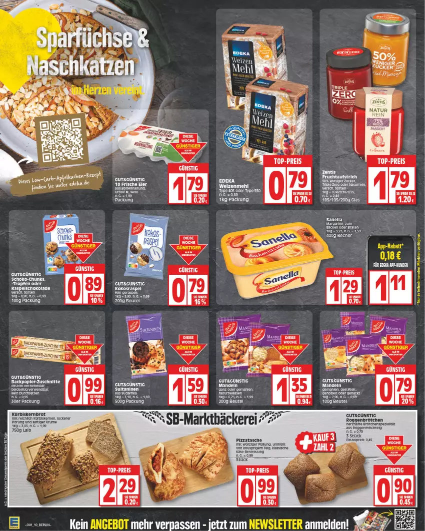 Aktueller Prospekt Edeka - Angebote der Woche - von 09.10 bis 14.10.2023 - strona 10 - produkty: aufstrich, Becher, beere, beutel, braten, brot, brötchen, deka, discount, eis, elle, erdbeere, frucht, fruchtaufstrich, Käse, kokos, Kürbis, kürbiskerne, LG, mandel, mandeln, margarine, mehl, natur, pizza, reis, roggenbrötchen, rum, rwe, saft, schoko, schokolade, stifte, Tasche, Ti, top-preis, weizenmehl, ZTE, zucker