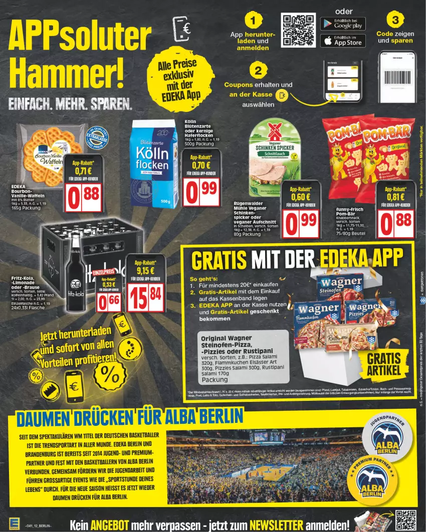 Aktueller Prospekt Edeka - Angebote der Woche - von 09.10 bis 14.10.2023 - strona 12 - produkty: aufschnitt, beko, beutel, Blüte, brause, butter, deka, erde, flammkuchen, flasche, gin, google play, guthabenkarte, hafer, haferflocken, KnabberSnack, kuchen, lamm, LG, limo, limonade, Ofen, original wagner, pizza, rügenwalder, rustipani, salami, schinken, schinken spicker, snack, steinofen, Ti, vanille, waffeln, wagner