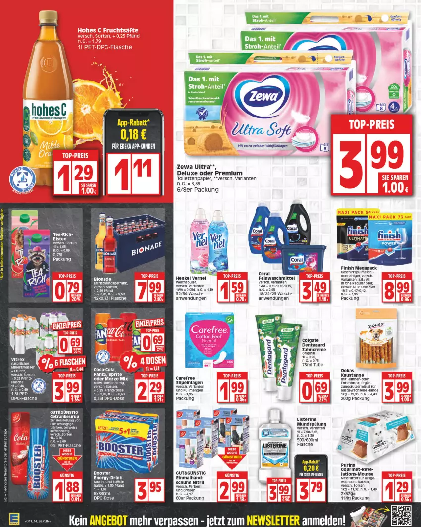 Aktueller Prospekt Edeka - Angebote der Woche - von 09.10 bis 14.10.2023 - strona 14 - produkty: Alwa, arla, aust, carefree, colgate, creme, deka, eis, eistee, ente, Entenbrust, erfrischungsgetränk, feinwaschmittel, Finish, flasche, geschirr, getränk, getränke, getränkesirup, gin, henkel, hühner, LG, listerine, mineralwasser, mousse, mundspülung, nassfutter, pet-flasche, purina, reiniger, reis, schuhe, sirup, slip, slipeinlagen, spülung, tee, Ti, vernel, waschmittel, wasser, zahncreme, zewa, ZTE