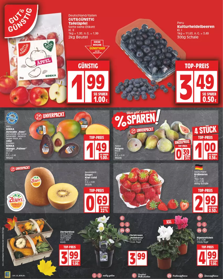 Aktueller Prospekt Edeka - Angebote der Woche - von 09.10 bis 14.10.2023 - strona 2 - produkty: beere, beeren, beutel, deka, discount, eis, Elan, heidelbeere, heidelbeeren, kiwi, Kiwi Gold, kiwifruit, korb, Kürbis, LG, mango, nuss, pflanze, reis, Schal, Schale, tafeläpfel, tee, Ti, top-preis, ZTE