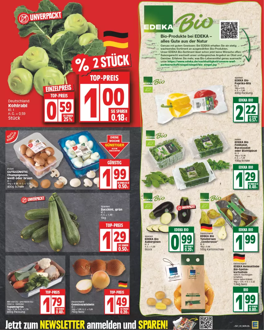 Aktueller Prospekt Edeka - Angebote der Woche - von 09.10 bis 14.10.2023 - strona 3 - produkty: angebot, aubergine, auberginen, bio, Birnen, blattspinat, braun, champignon, champignons, cola, deka, edeka bio, eis, feldsalat, gin, kartoffel, kartoffeln, lebensmittel, LG, mac, natur, nuss, obst, paprika, rucola, salat, Schal, Schale, spinat, suppe, suppen, tafelbirnen, Ti, zucchini