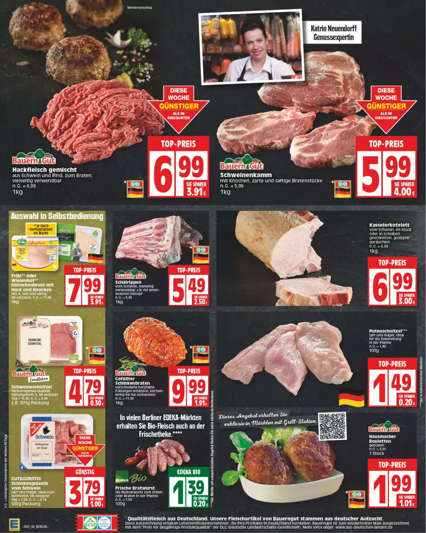 Aktueller Prospekt Edeka - Angebote der Woche - von 09.10 bis 14.10.2023 - strona 4 - produkty: auer, Bau, Bauer, bauerngut, berliner, bio, braten, bratwurst, deka, discount, eintopf, eis, elle, fleisch, grill, gulasch, hackfleisch, hackfleisch gemischt, hähnchenbrust, Hausmacher, kasseler, kotelett, küche, Küchen, lebensmittel, LG, mac, nuss, pfanne, pute, putenschnitzel, reis, rind, Rippen, rwe, saft, schinken, schinkenbraten, schnitten, schnitzel, schwein, schwein und rind, schweine, tee, Ti, top-preis, topf, wein, weine, wiesenhof, wurst, ZTE