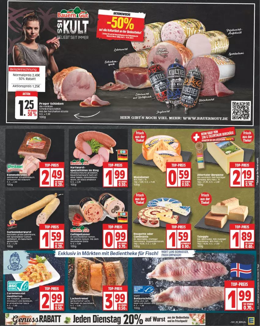 Aktueller Prospekt Edeka - Angebote der Woche - von 09.10 bis 14.10.2023 - strona 5 - produkty: aktionspreis, auer, Bau, Bauer, bauerngut, braten, cambozola, eis, fisch, garnelen, Geflügel, gurke, gurken, hartkäse, Heu, ideal zum braten, Käse, knoblauch, lachs, leberwurst, LG, lyoner, Maasdam, maasdamer, mac, Mett, mettwurst, natur, nuss, reis, ring, Rotbarsch, rouge, rougette, salat, sauce, schinken, Spezi, spreewälder, Ti, tisch, tomate, tomaten, top-preis, torte, wurst, Yo, ZTE, zwiebel, zwiebeln