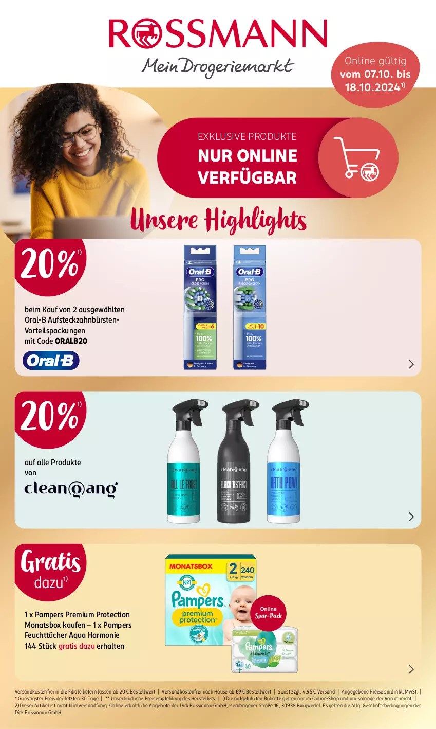 Aktueller Prospekt Rossmann - Prospekte - von 07.10 bis 18.10.2024 - strona 1 - produkty: angebot, angebote, aqua, bürste, bürsten, eis, elle, feuchttücher, LG, ndk, oral-b, oralb, pampers, reis, teller, Ti, tücher, versandkostenfrei, wedel, zahnbürste, zahnbürsten, ZTE