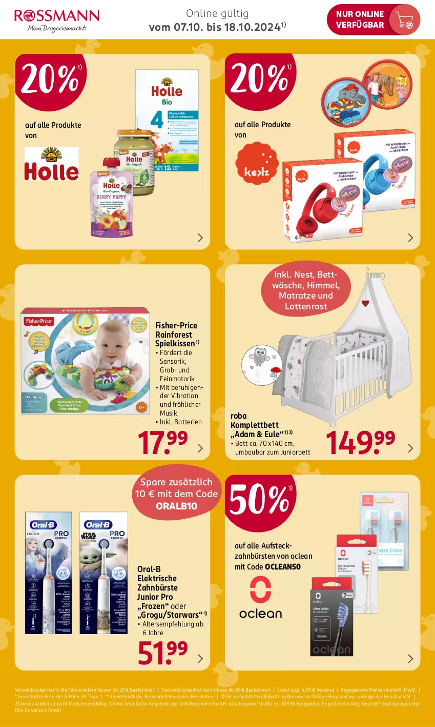 Aktueller Prospekt Rossmann - Prospekte - von 07.10 bis 18.10.2024 - strona 2 - produkty: angebot, angebote, batterie, batterien, Bau, bett, bettwäsche, bürste, bürsten, eis, elektrische zahnbürste, elle, kissen, latte, lattenrost, LG, matratze, ndk, oral-b, oralb, reis, roba, teller, Ti, versandkostenfrei, wedel, zahnbürste, zahnbürsten, ZTE