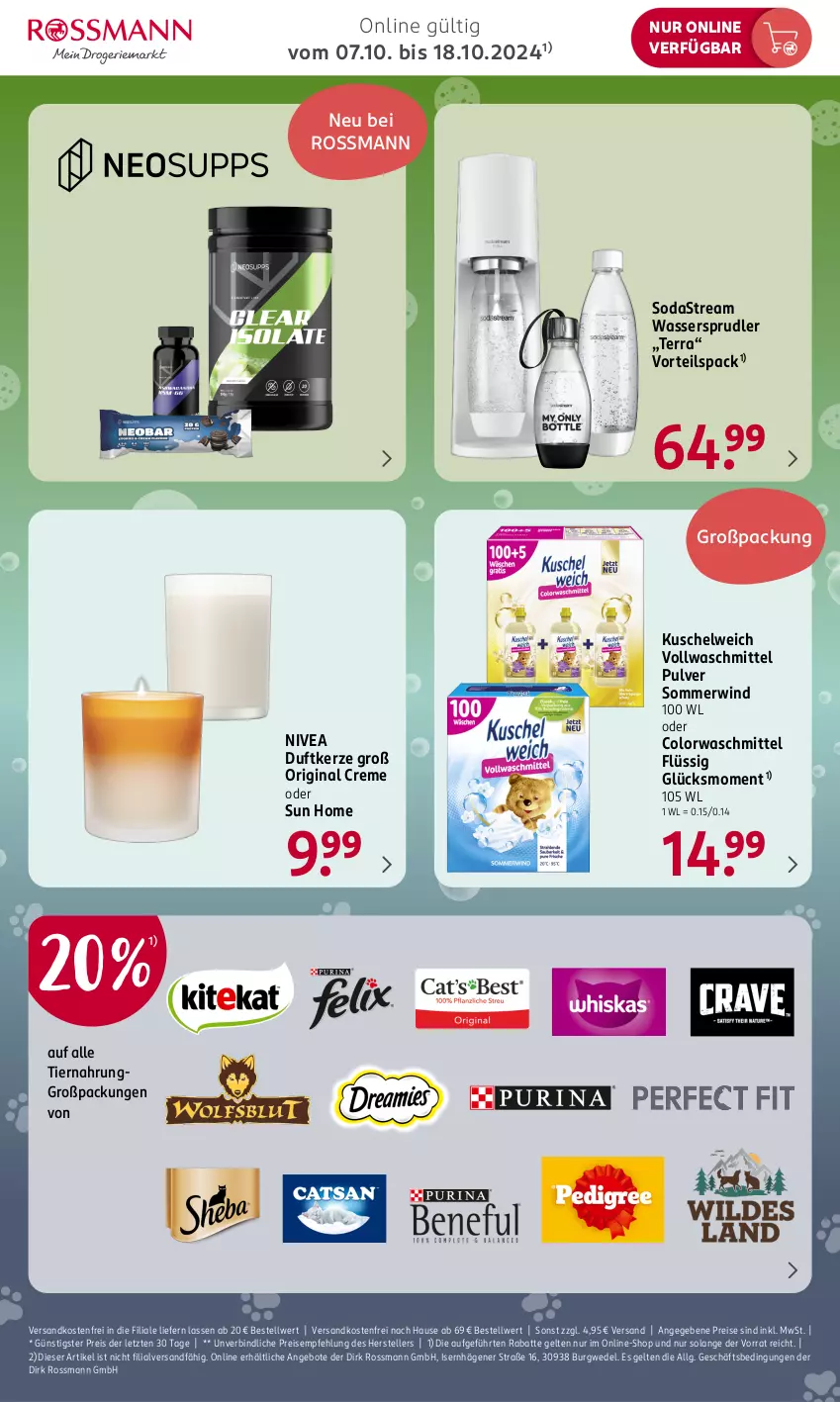 Aktueller Prospekt Rossmann - Prospekte - von 07.10 bis 18.10.2024 - strona 4 - produkty: angebot, angebote, colorwaschmittel, creme, Duftkerze, eis, elle, gin, kerze, Kuschelweich, LG, ndk, nivea, reis, Soda, sodastream, teller, Ti, tiernahrung, versandkostenfrei, vollwaschmittel, waschmittel, wasser, wassersprudler, wedel, ZTE