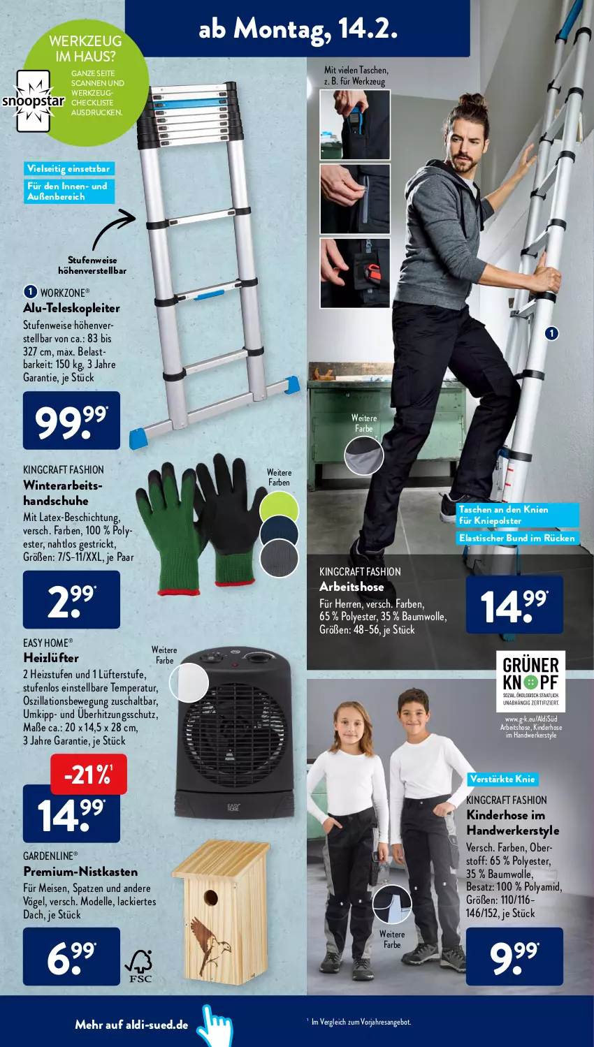 Aktueller Prospekt AldiSud - ALDI Aktuell - von 14.02 bis 19.02.2022 - strona 16 - produkty: aldi, angebot, asti, Bau, baumwolle, dell, eis, elle, gardenline®, handschuhe, hose, Kinder, lack, Mode, resa, Schal, schuhe, Tasche, taschen, Teleskop, Ti, tisch, werkzeug, wolle