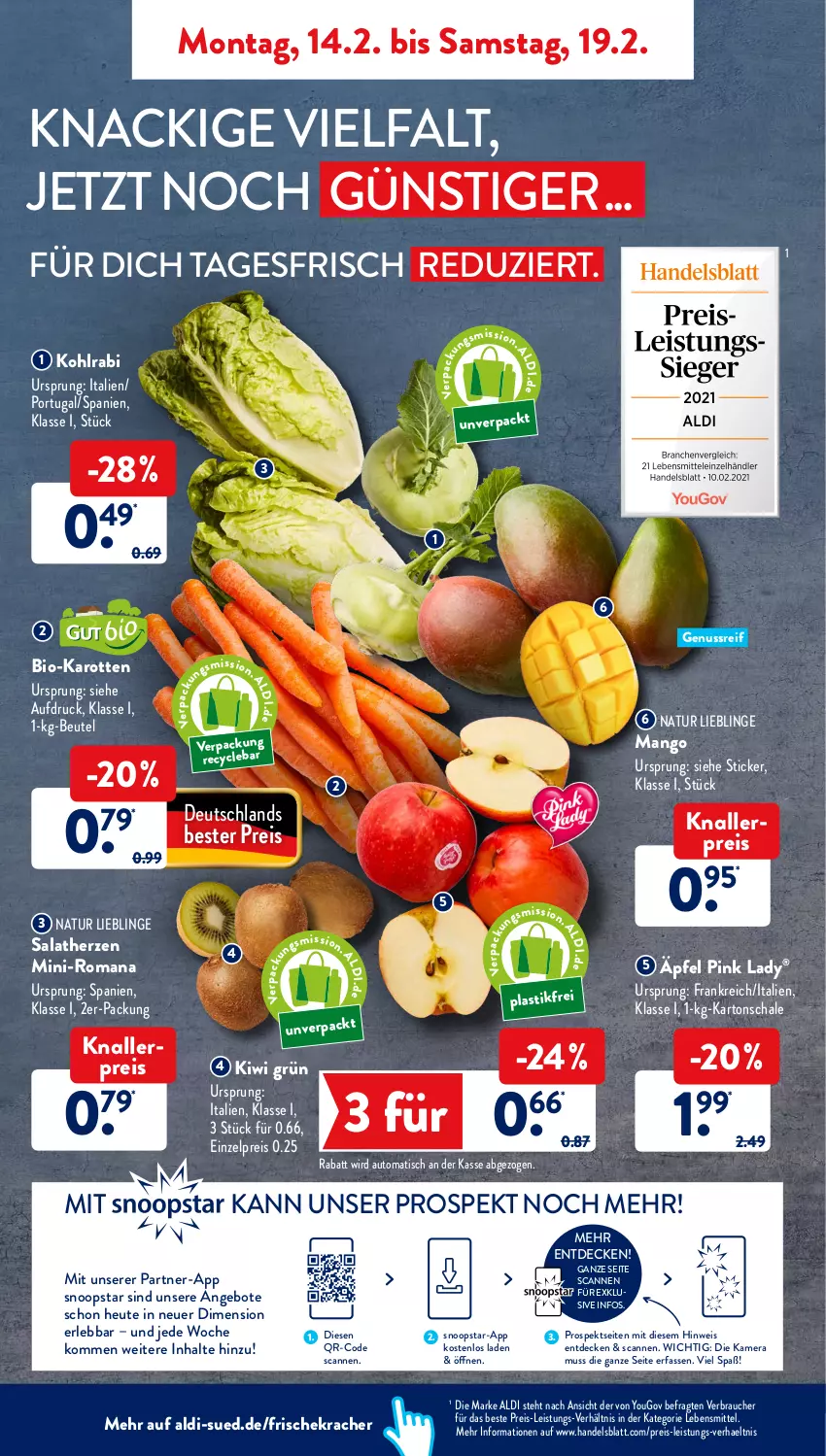 Aktueller Prospekt AldiSud - ALDI Aktuell - von 14.02 bis 19.02.2022 - strona 2 - produkty: aldi, angebot, angebote, asti, auto, beutel, bio, bio-karotten, decke, eis, Heu, kamera, karotten, kiwi, knallerpreis, kohlrabi, kracher, lebensmittel, mango, natur, nuss, Pink Lady, Rauch, reis, salat, salatherzen, Schal, Schale, Ti, tisch, Yo