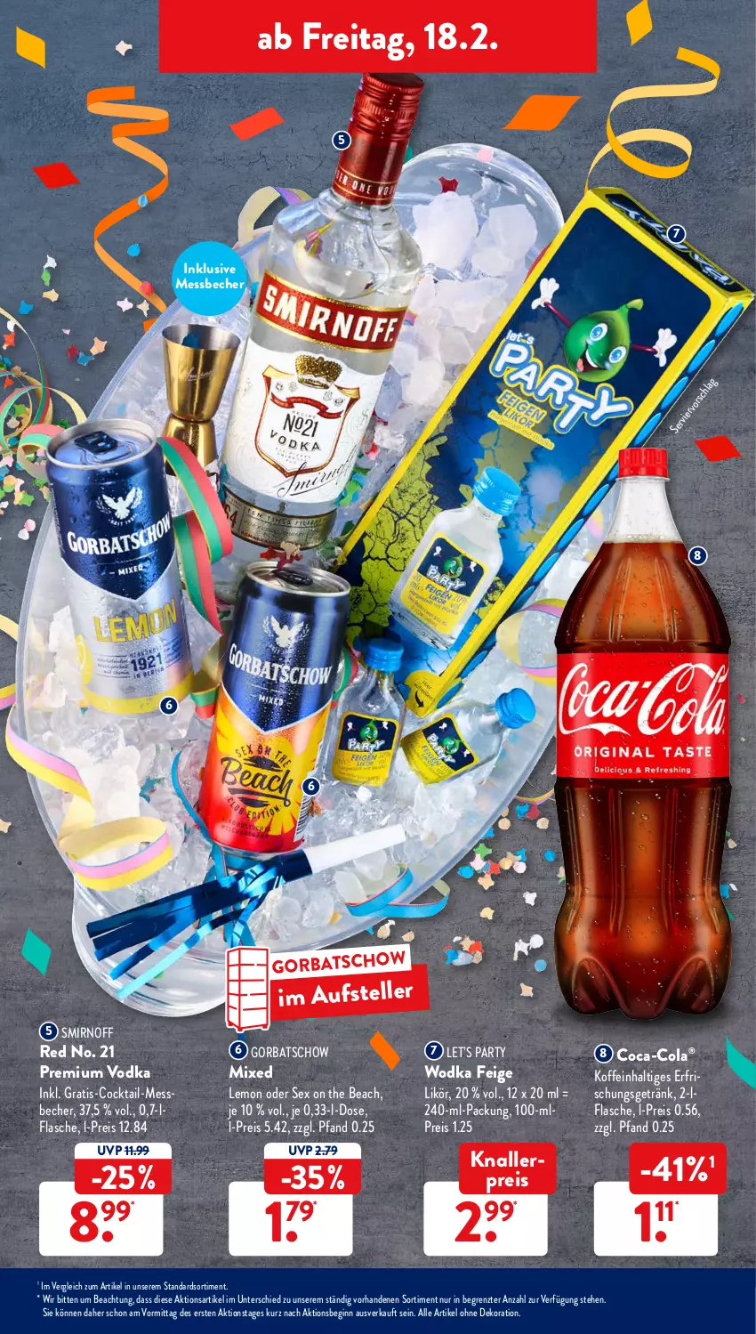 Aktueller Prospekt AldiSud - ALDI Aktuell - von 14.02 bis 19.02.2022 - strona 37 - produkty: alle artikel ohne dekoration, Becher, coca-cola, cocktail, cola, dekoration, eis, elle, erfrischungsgetränk, flasche, getränk, gin, Gorbatschow, knallerpreis, likör, Messbecher, premium vodka, reis, smirnoff, teller, Ti, vodka, wodka, ZTE