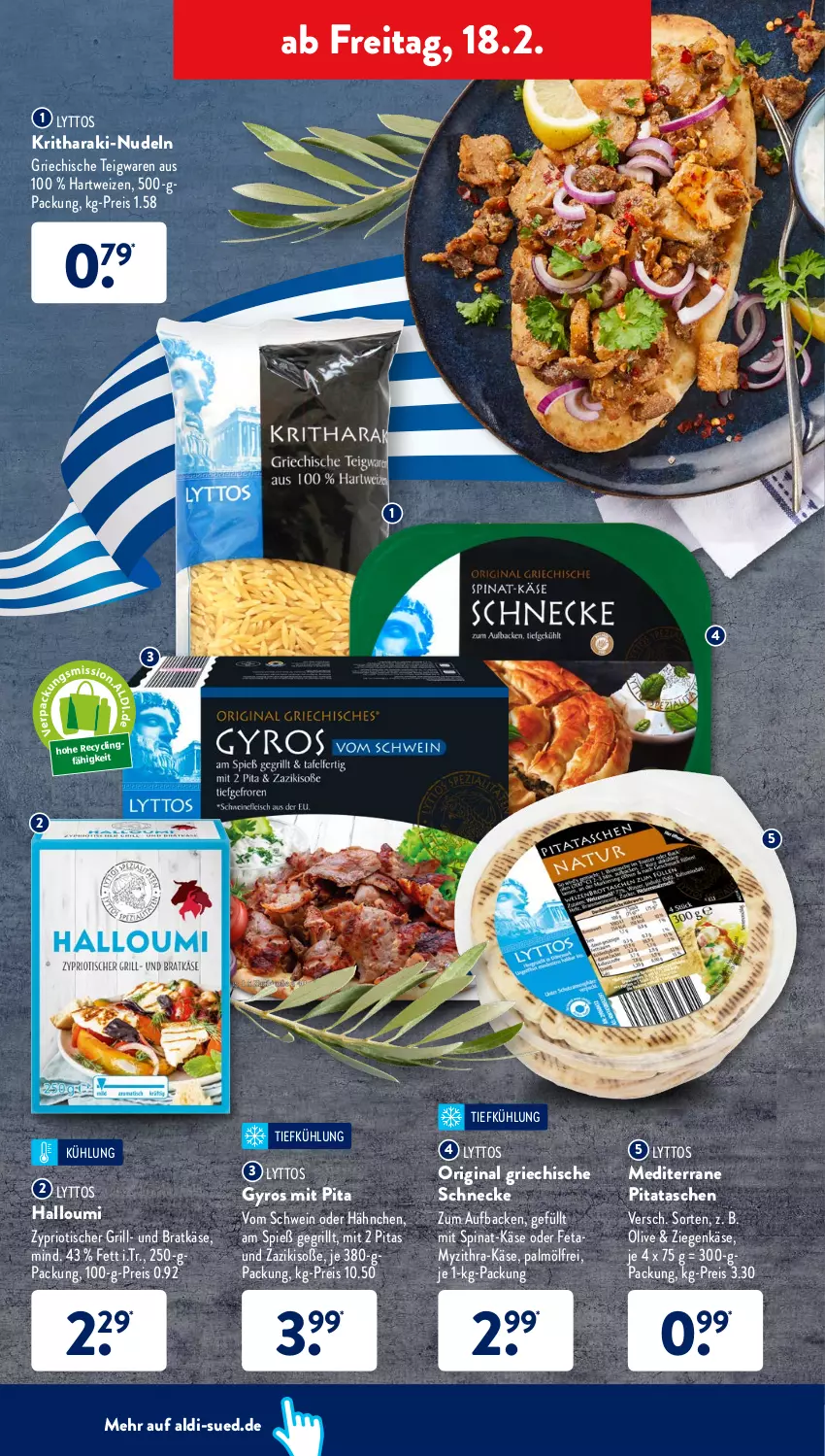 Aktueller Prospekt AldiSud - ALDI Aktuell - von 14.02 bis 19.02.2022 - strona 44 - produkty: aldi, Clin, eis, feta, gin, grill, gyros, Halloumi, hartweizen, Käse, nudel, nudeln, olive, reis, schwein, Soße, spinat, Tasche, taschen, teigwaren, Ti, tisch, wein, zaziki, ziegenkäse