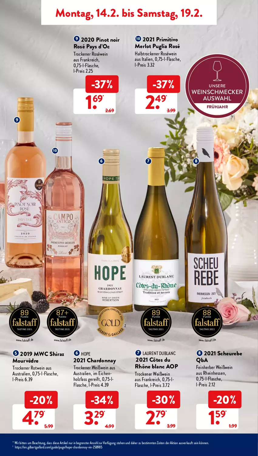 Aktueller Prospekt AldiSud - ALDI Aktuell - von 14.02 bis 19.02.2022 - strona 9 - produkty: asti, aust, chardonnay, eis, flasche, Heu, Holz, merl, merlot, Pinot, pinot noir, primitivo, reis, roséwein, rotwein, Ti, wein, Weißwein, ZTE