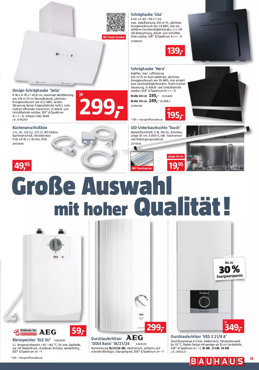 Aktueller Prospekt Bauhaus - Prospekte - von 30.09 bis 28.10.2023 - strona 15 - produkty: armatur, auto, Bau, beleuchtung, Brei, eis, Elektro, elle, küche, Küchen, led-beleuchtung, Leuchte, Rauch, Ria, rum, schräghaube, Spektrum, Ti, tisch