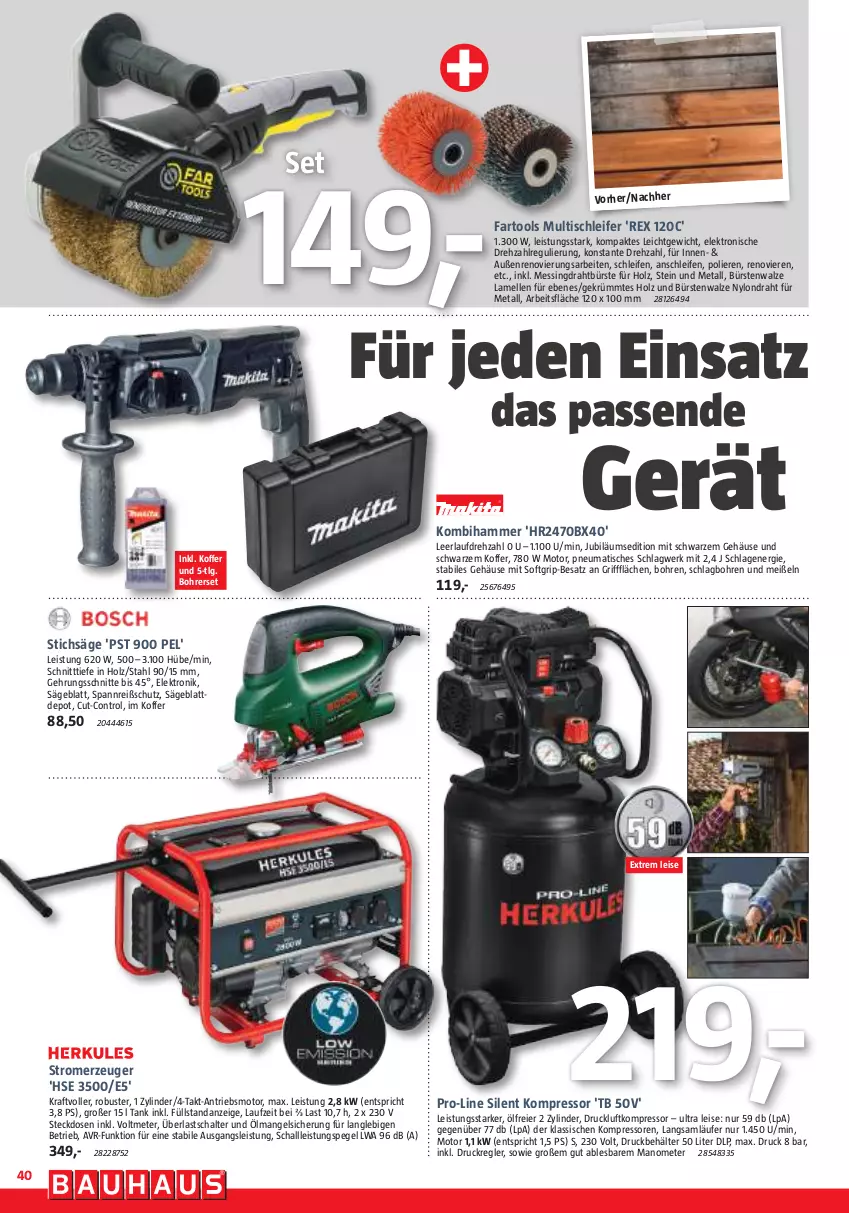 Aktueller Prospekt Bauhaus - Prospekte - von 30.09 bis 28.10.2023 - strona 40 - produkty: Behälter, Bohrerset, bürste, bürsten, Draht, eier, eis, Elektro, elle, Holz, Jubiläums, koffer, Kombihammer, kompressor, kraft, Läufer, LG, säge, Schal, steckdose, stichsäge, Stromerzeuger, Ti, tisch