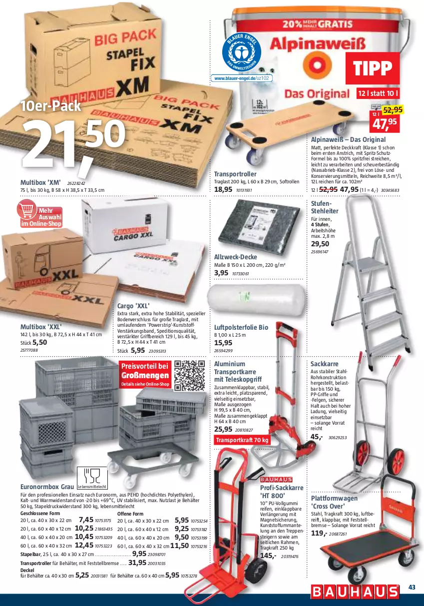 Aktueller Prospekt Bauhaus - Prospekte - von 30.09 bis 28.10.2023 - strona 43 - produkty: alpina, Alpinaweiß, Behälter, bio, brie, decke, Deckel, eis, elle, felgen, gin, Heu, kraft, Laufen, lebensmittel, LG, Magnets, Mantel, preisvorteil, reifen, reis, Roller, sac, Spezi, Sport, Teleskop, Ti, transportkarre, weck