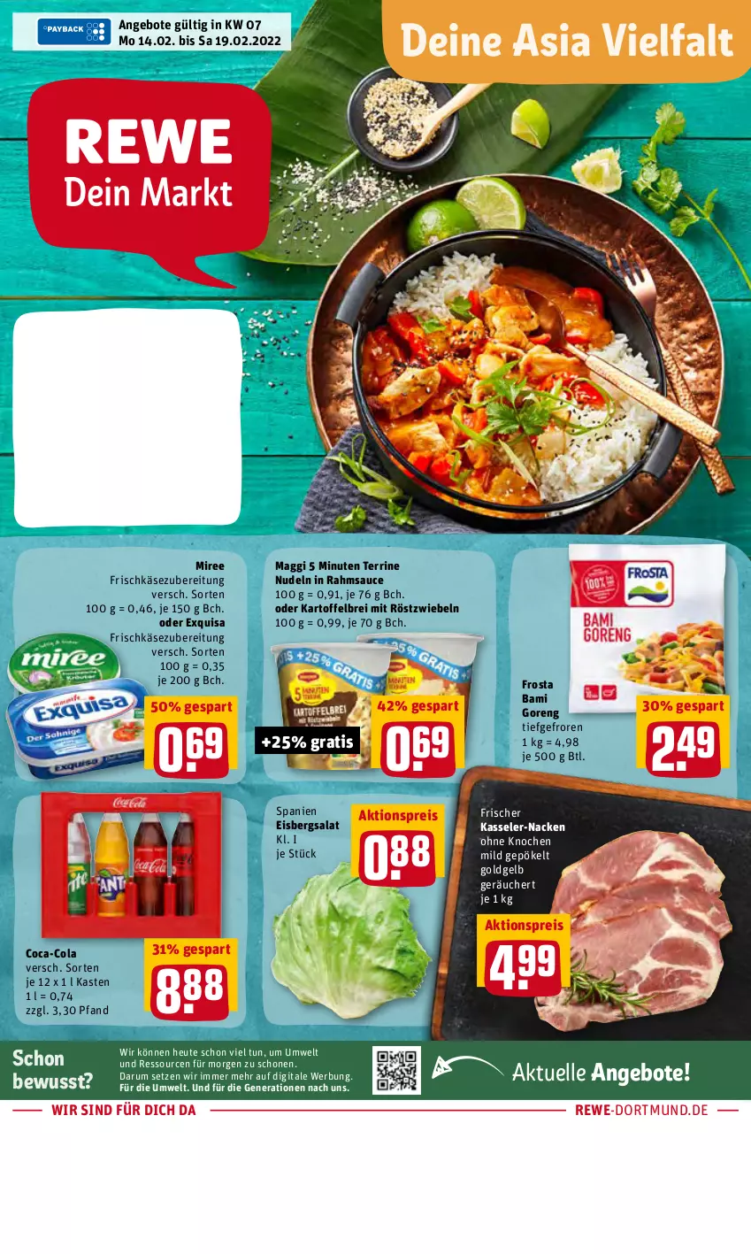 Aktueller Prospekt Rewe - Diese Woche im Angebot! - von 14.02 bis 19.02.2022 - strona 1 - produkty: aktionspreis, angebot, angebote, Brei, coca-cola, cola, eis, eisbergsalat, elle, exquisa, exquisa frischkäse, frischkäse, frischkäsezubereitung, frosta, Heu, kartoffel, kartoffelbrei, Käse, kasseler, maggi, miree, mit röstzwiebeln, nudel, nudeln, reis, röstzwiebeln, rum, salat, sauce, terrine, Ti, zwiebel, zwiebeln