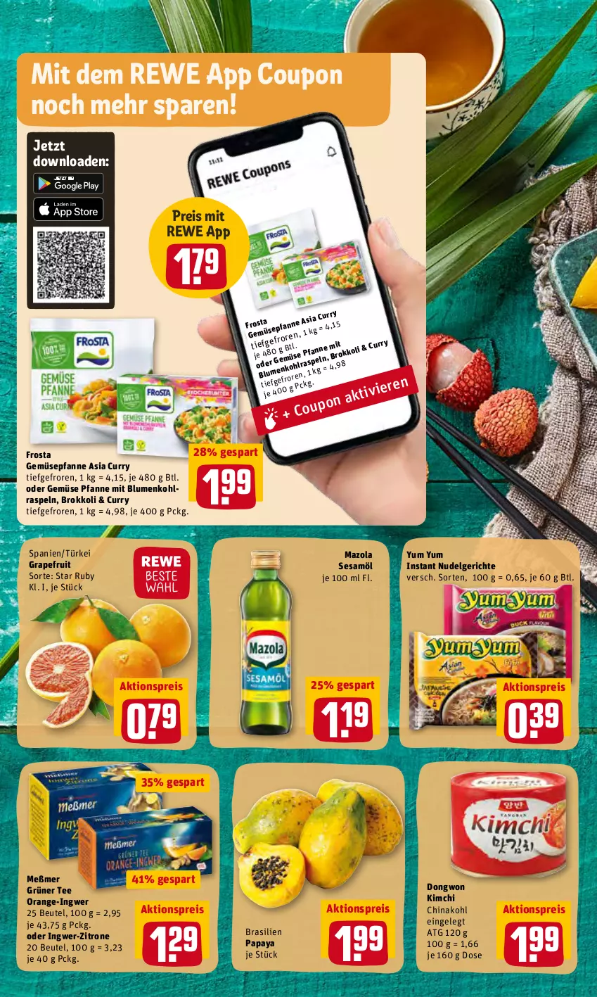 Aktueller Prospekt Rewe - Diese Woche im Angebot! - von 14.02 bis 19.02.2022 - strona 16 - produkty: aktionspreis, beutel, blume, blumen, blumenkohl, brokkoli, coupon, curry, eis, frosta, grapefruit, grüner tee, ingwer, LG, mazola, Meßmer, nudel, Nudelgericht, orange, Papaya, pfanne, reis, sesam, Sesamöl, tee, Ti, Yum Yum, zitrone