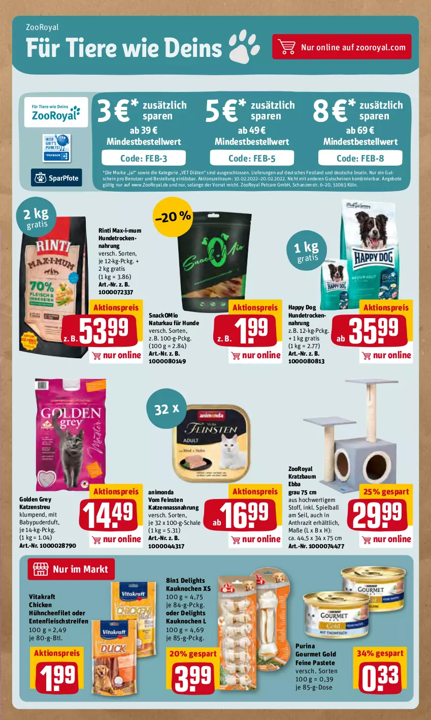 Aktueller Prospekt Rewe - Diese Woche im Angebot! - von 14.02 bis 19.02.2022 - strona 21 - produkty: aktionspreis, angebot, angebote, Babypuder, ball, Bau, eis, ente, filet, fleisch, gourmet gold, gutschein, gutscheine, Hundetrockennahrung, Katzenstreu, kraft, Kratzbaum, Nassnahrung, natur, pastete, purina, reifen, reis, rinti, Schal, Schale, snack, Ti, Tiere, Trockennahrung, vita, vitakraft