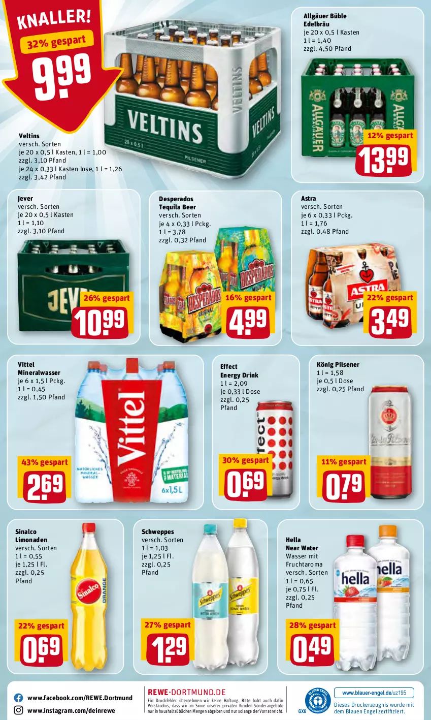 Aktueller Prospekt Rewe - Diese Woche im Angebot! - von 14.02 bis 19.02.2022 - strona 28 - produkty: Alwa, angebot, angebote, Astra, desperados, drink, drucker, Effect, energy drink, Engel, frucht, hella, jever, kerze, könig pilsener, LG, limo, limonade, limonaden, mineralwasser, mit frucht, pils, pilsener, schweppes, sinalco, tequila, Ti, veltins, vittel, wasser