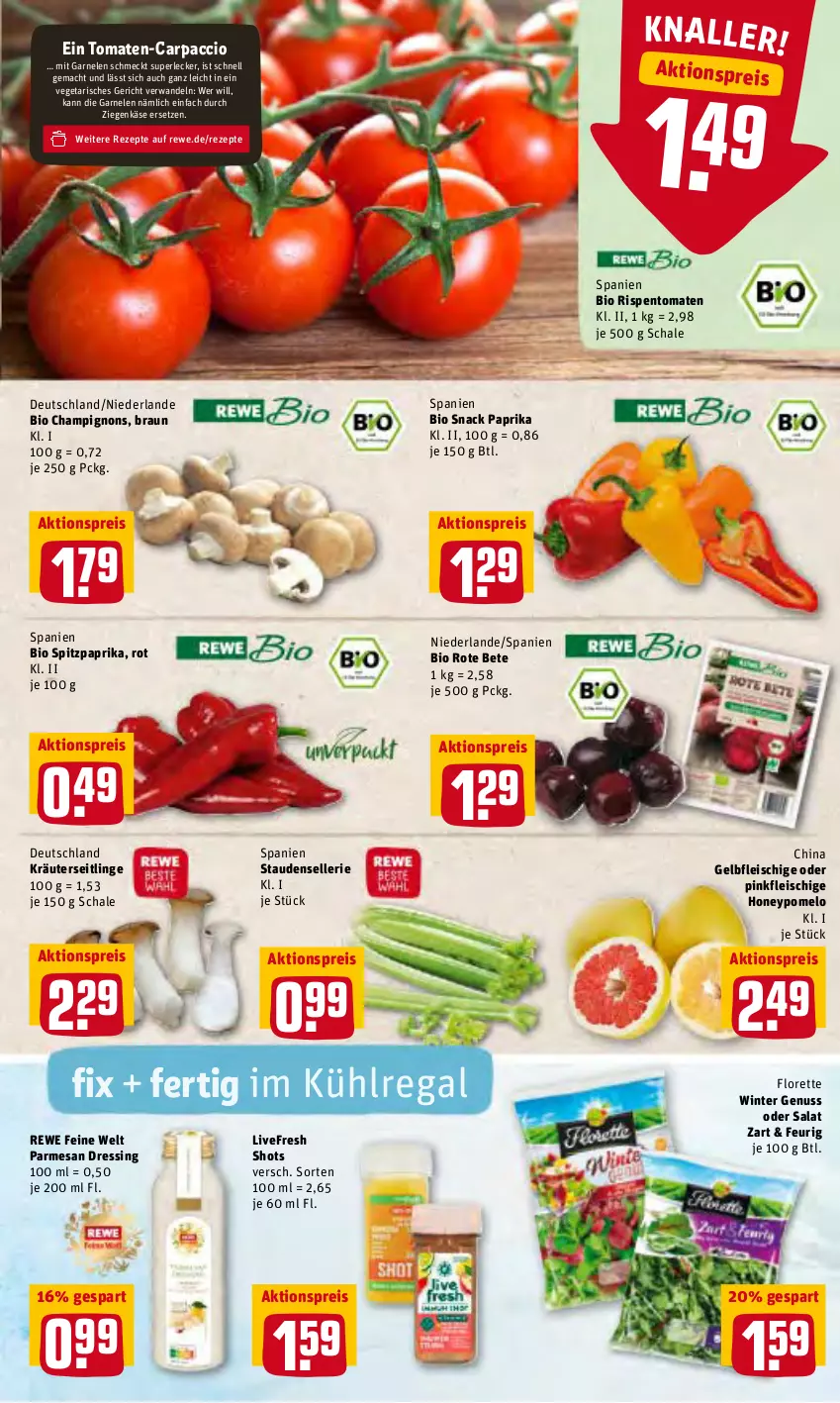 Aktueller Prospekt Rewe - Diese Woche im Angebot! - von 14.02 bis 19.02.2022 - strona 3 - produkty: ACC, aktionspreis, bio, braun, Carpaccio, champignon, champignons, dressing, eis, elle, fleisch, florette, garnelen, Käse, kräuter, Kräuterseitlinge, kühlregal, mac, nuss, paprika, Pomelo, regal, reis, rewe feine welt, rezept, rezepte, rispentomaten, rote bete, salat, Schal, Schale, snack, Spitzpaprika, stauden, Ti, tomate, tomaten, Vegeta, ziegenkäse