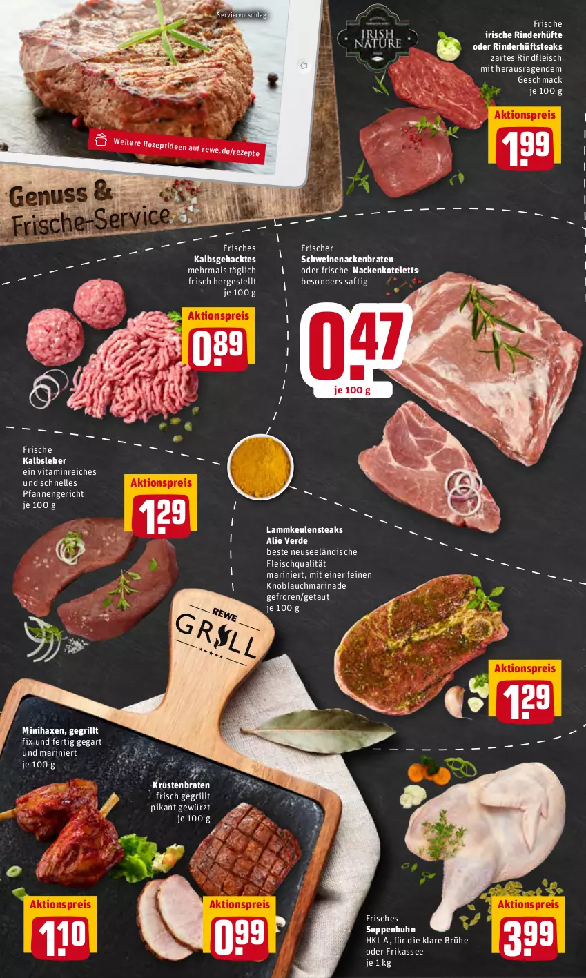 Aktueller Prospekt Rewe - Diese Woche im Angebot! - von 14.02 bis 19.02.2022 - strona 4 - produkty: aktionspreis, axe, braten, Brühe, eis, elle, erde, fleisch, gewürz, grill, Haxe, hüftsteak, hüftsteaks, Kalbsleber, knoblauch, kotelett, krustenbraten, lamm, lammkeule, mac, marinade, nackenkoteletts, nuss, pfanne, pfannen, reis, rezept, rezepte, rind, rinder, Rinderhüfte, rindfleisch, saft, schwein, schweine, schweinenacken, steak, steaks, suppe, suppen, Suppenhuhn, Ti, vita, wein, weine