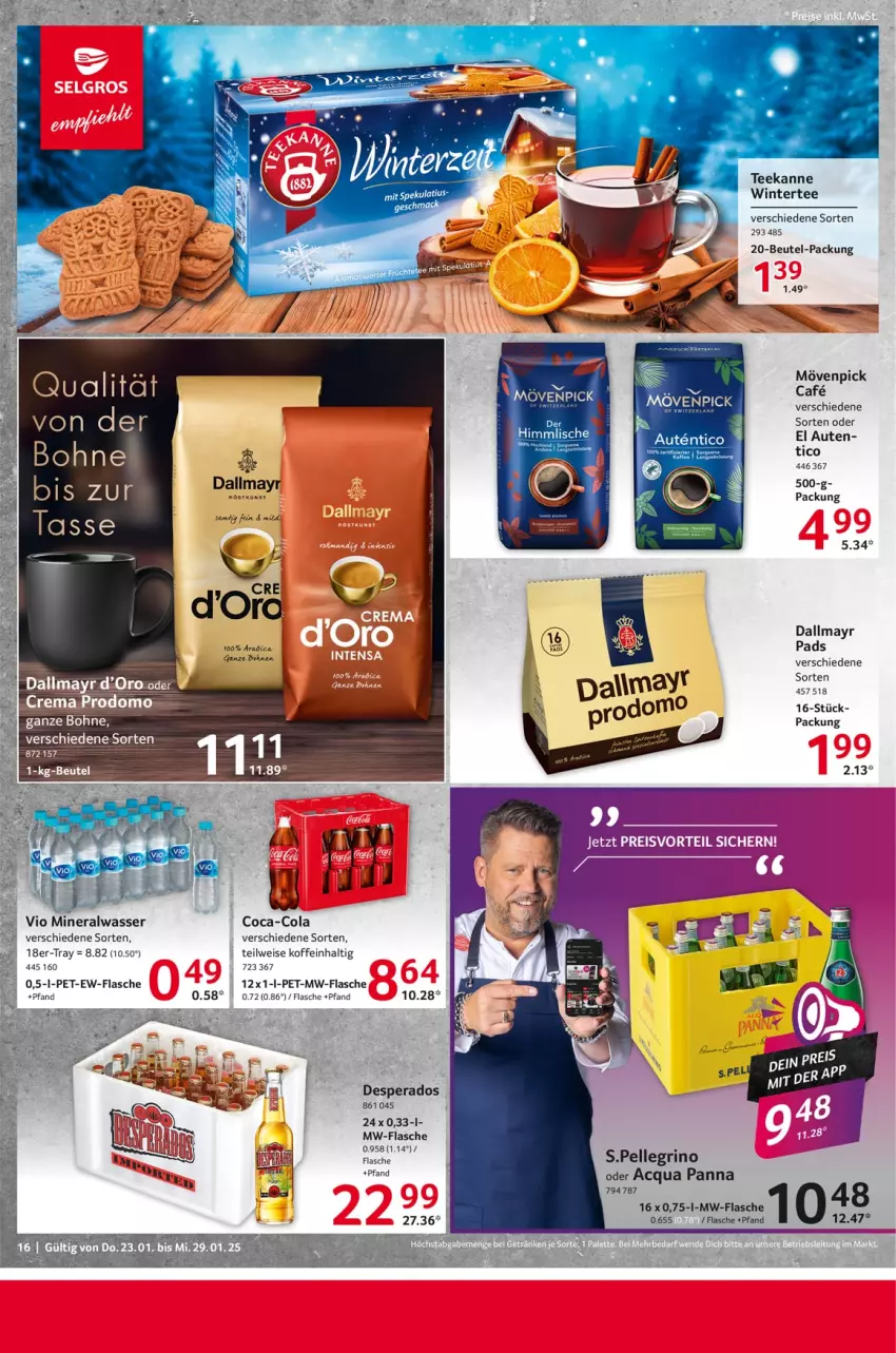 Aktueller Prospekt Selgros - Food - von 23.01 bis 29.01.2025 - strona 16 - produkty: Alwa, beutel, bohne, coca-cola, cola, dallmayr, desperados, eis, elle, flasche, mineralwasser, mövenpick, mw-flasche, tee, teekanne, Ti, wasser